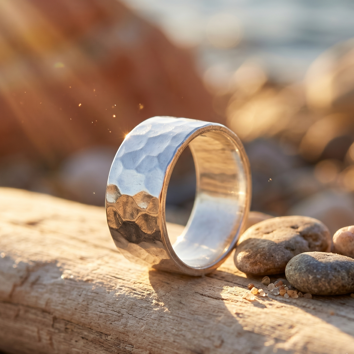 Silver ring on a wooden log with a blurred natural background