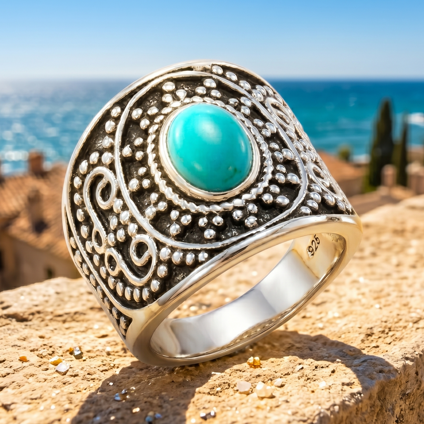 East Meets West Turquoise Oxidized Silver Ring 925 Beaded Wide Band Sizes 6-9