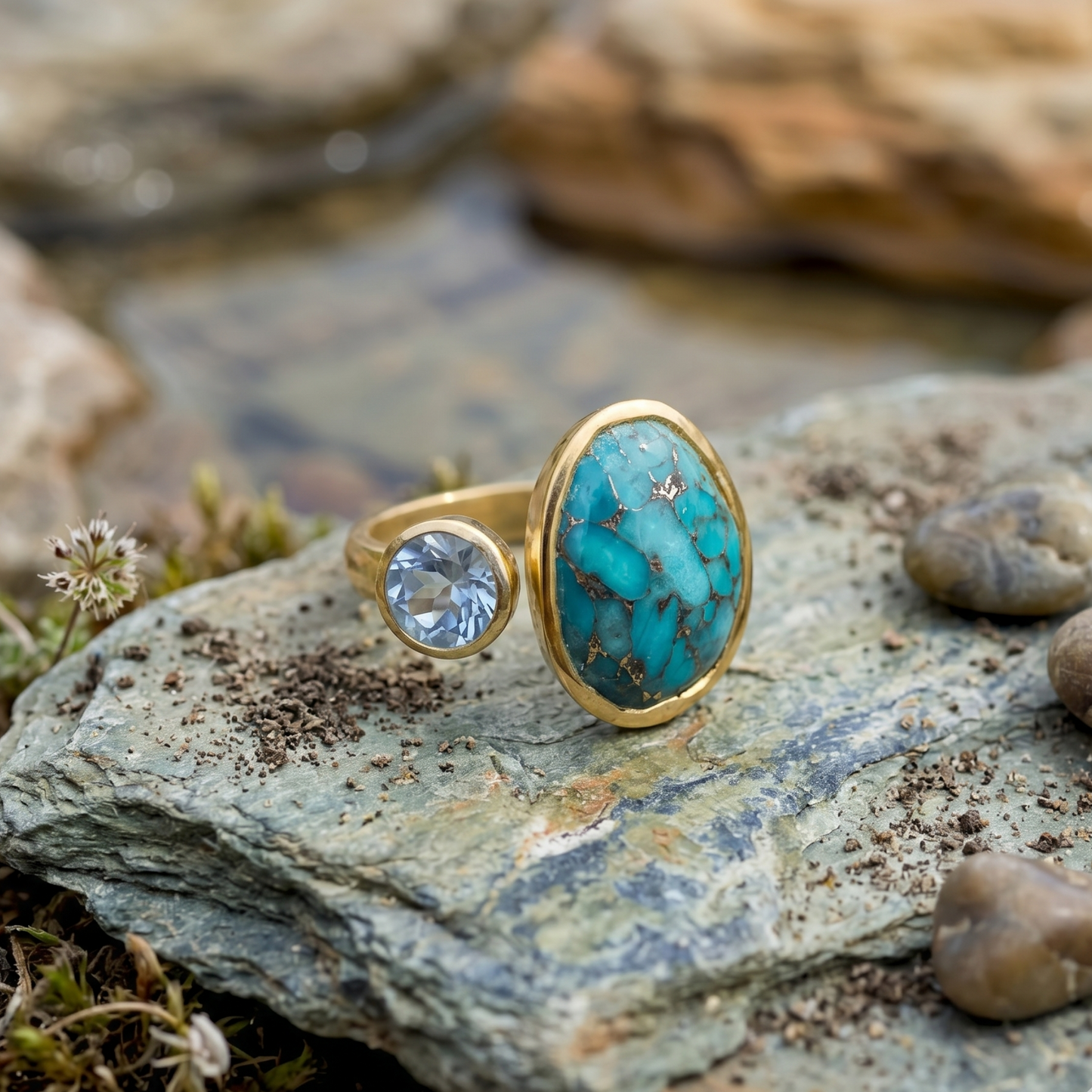 Blue Topaz and Turquoise Ring 925 14K Gold Plated Oval Copper Stone Sizes 5-9