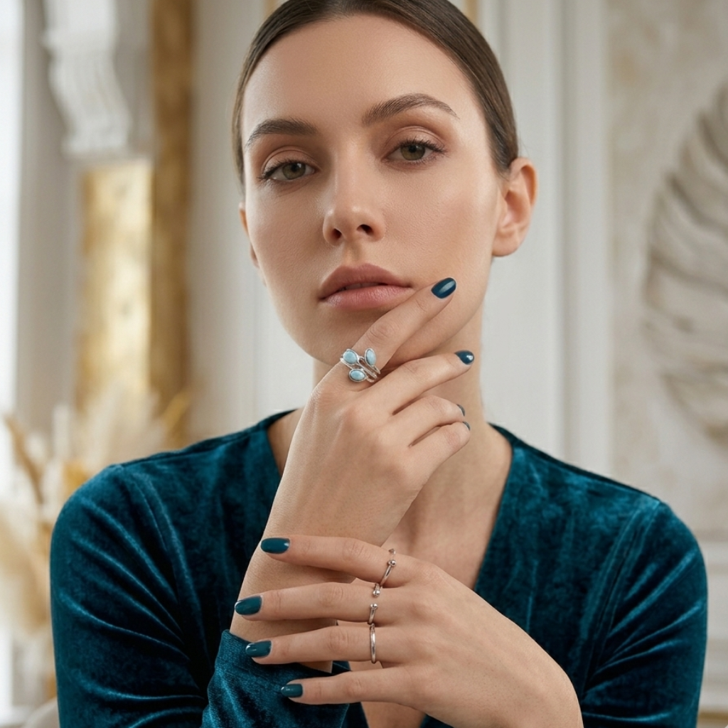 Woman wearing multiple rings on her fingers with a blurred indoor background