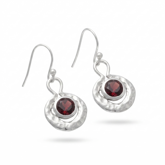 Natural Garnet Hammered Round Drop Earrings Oxidized 925 Sterling Silver 29.5mm
