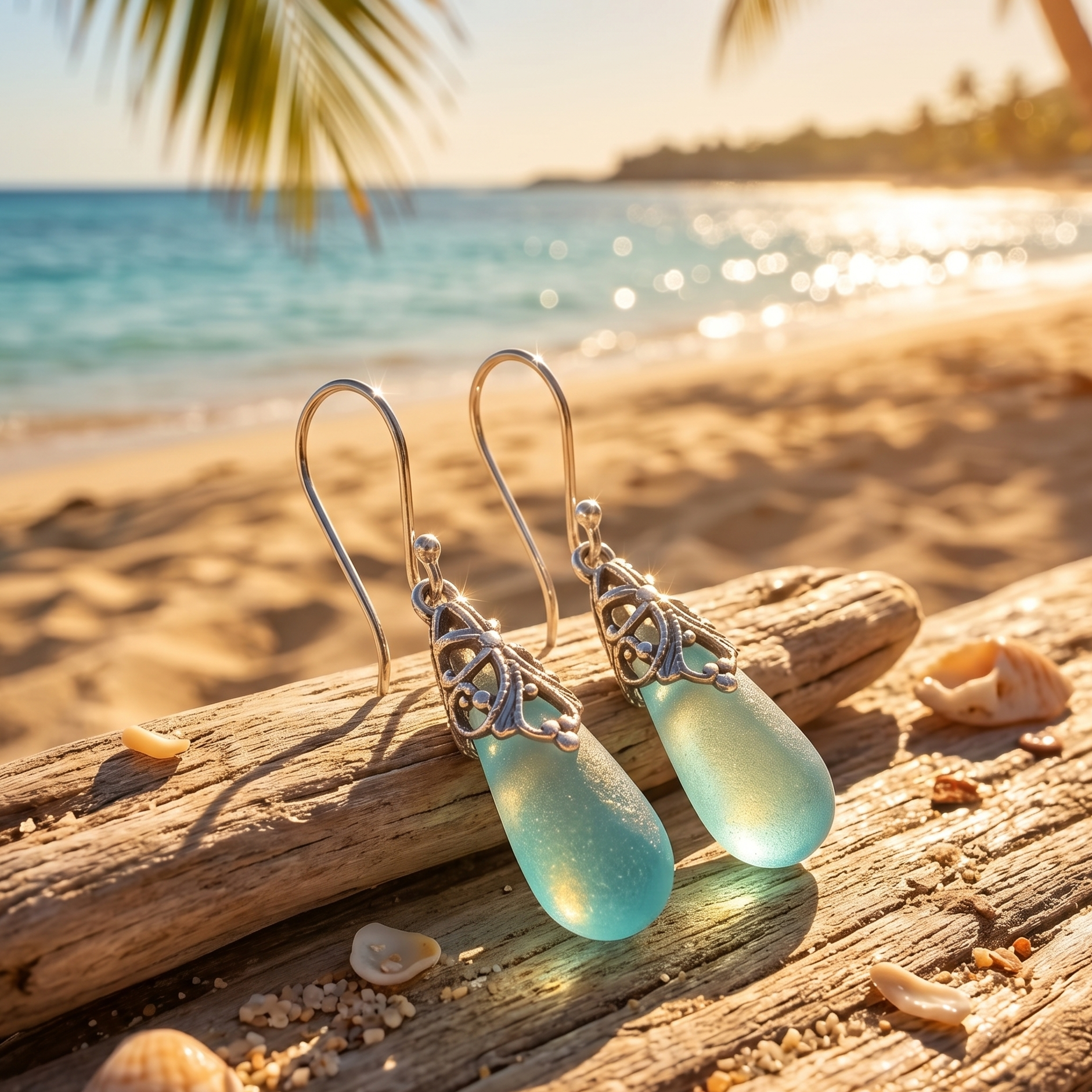 Teal earrings on a piece of driftwood with a beach background