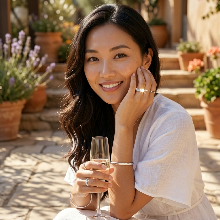 Woman in a white dress holding a glass of champagne outdoors with potted plants in the background