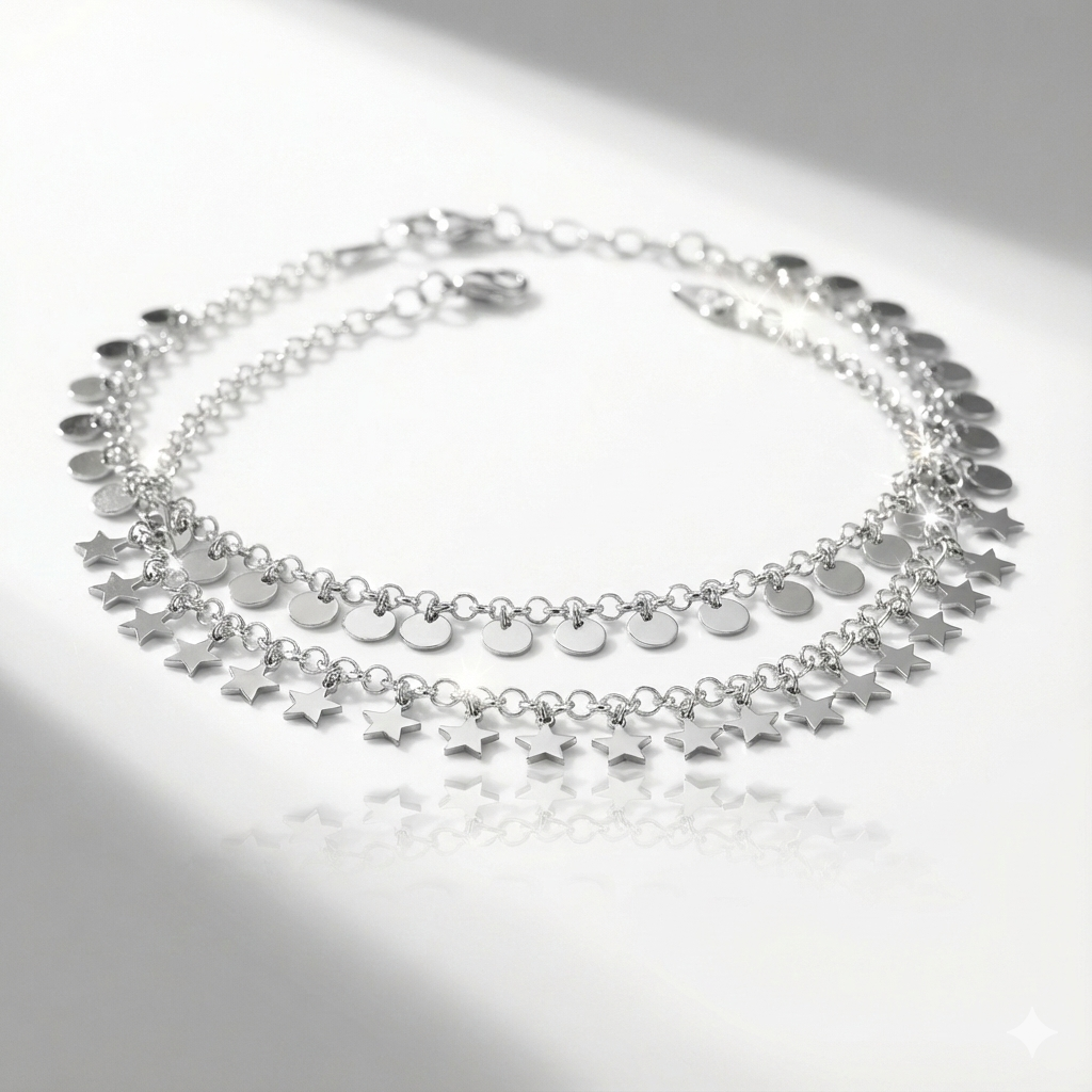 Moon and Stars Charm Bracelet Set - Italian Sterling Silver Dual Bracelets - Kai Jewelry Store
