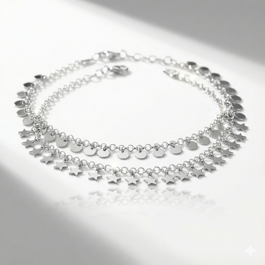 Moon and Stars Charm Bracelet Set - Italian Sterling Silver Dual Bracelets - Kai Jewelry Store
