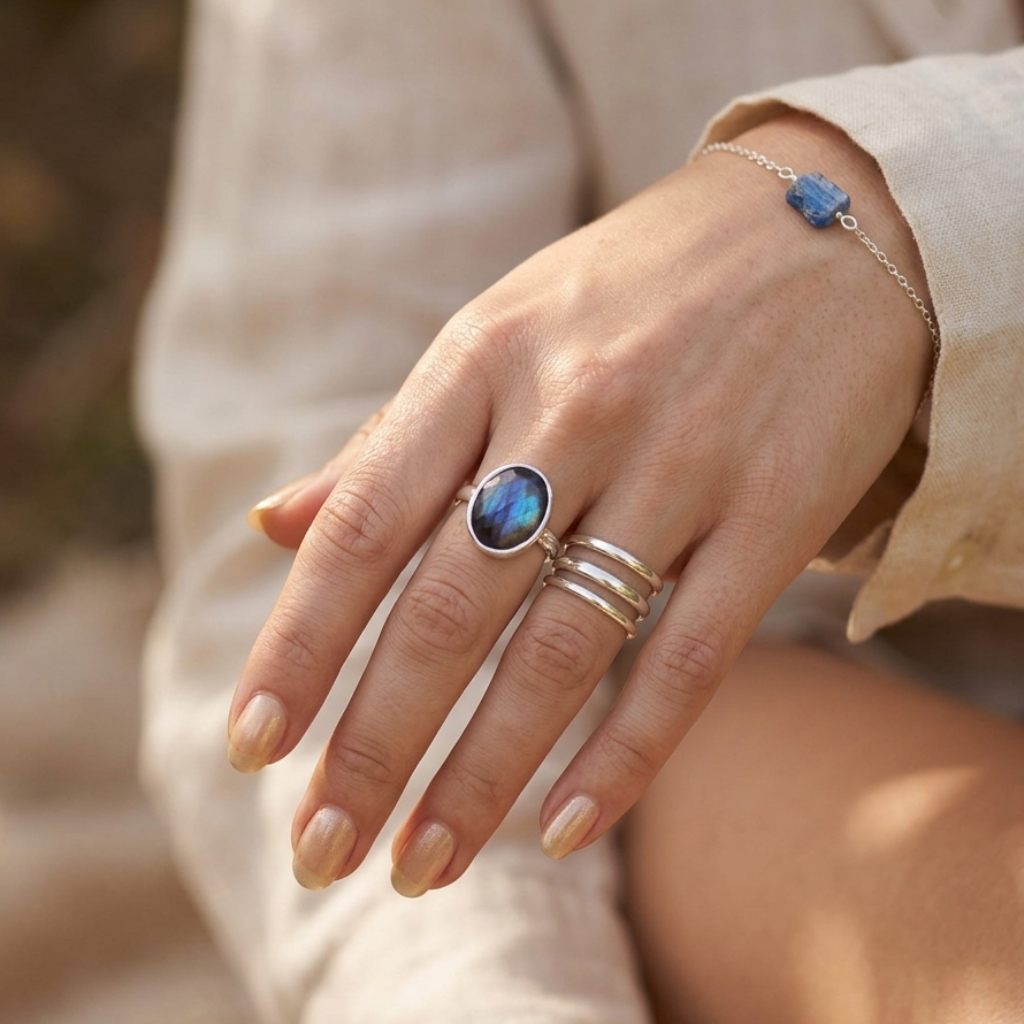 Hand wearing multiple rings with a natural background