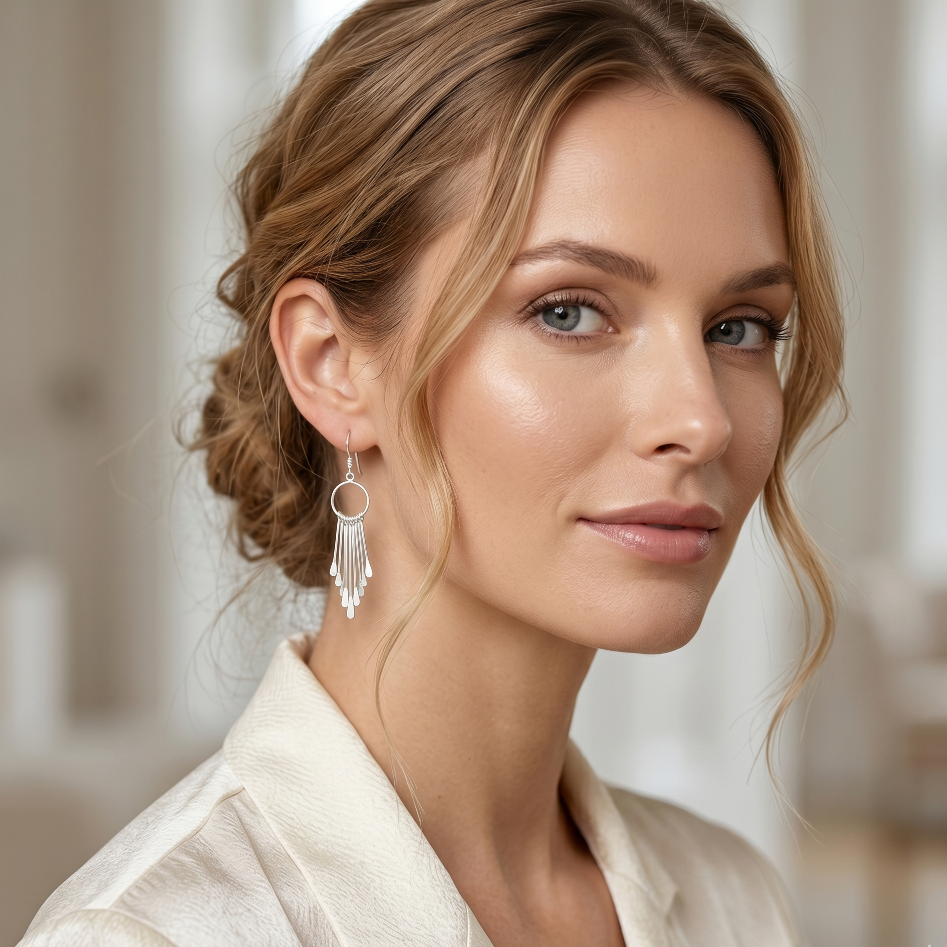 Woman wearing silver earrings with a blurred background