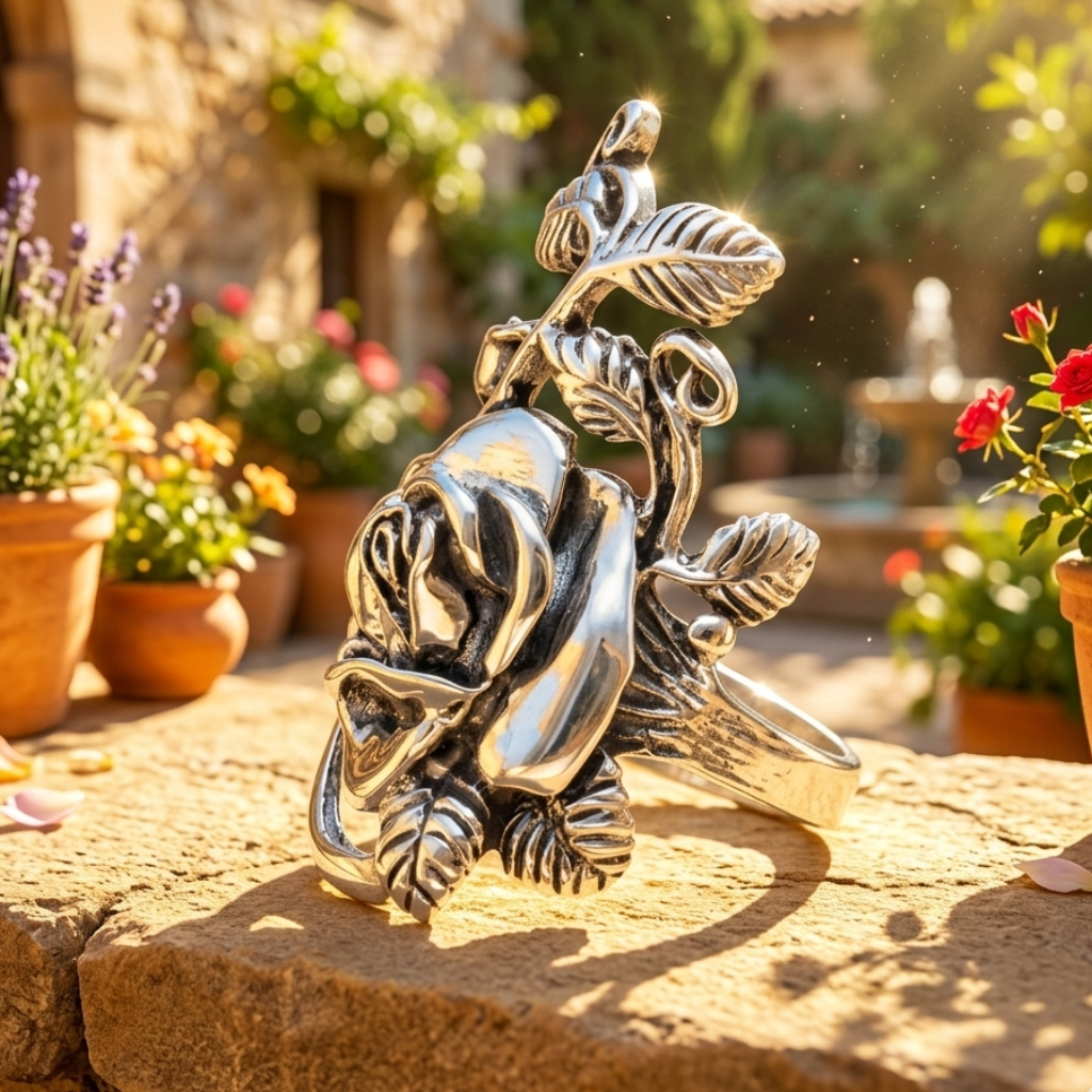 Decorative metal sculpture on a stone surface with potted plants in the background
