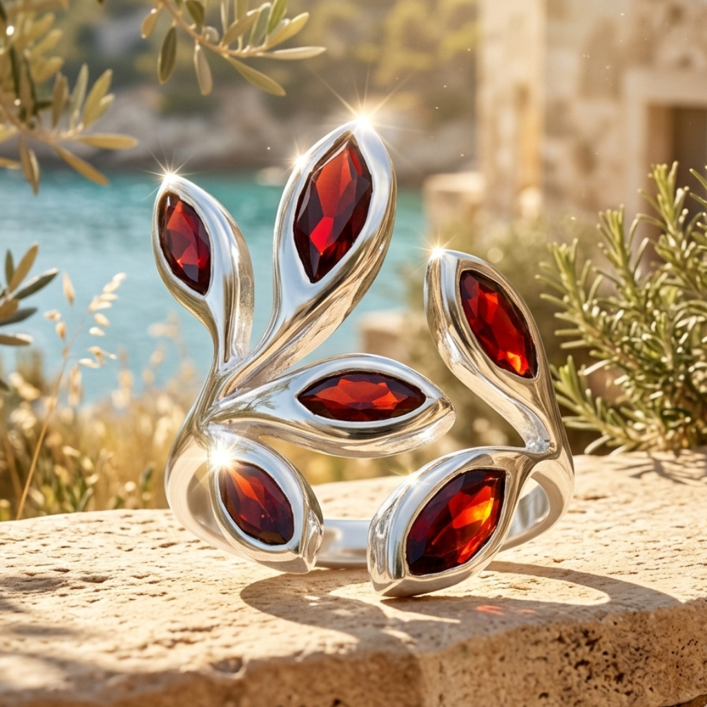 Silver bracelet with red gemstones on a stone surface with natural background