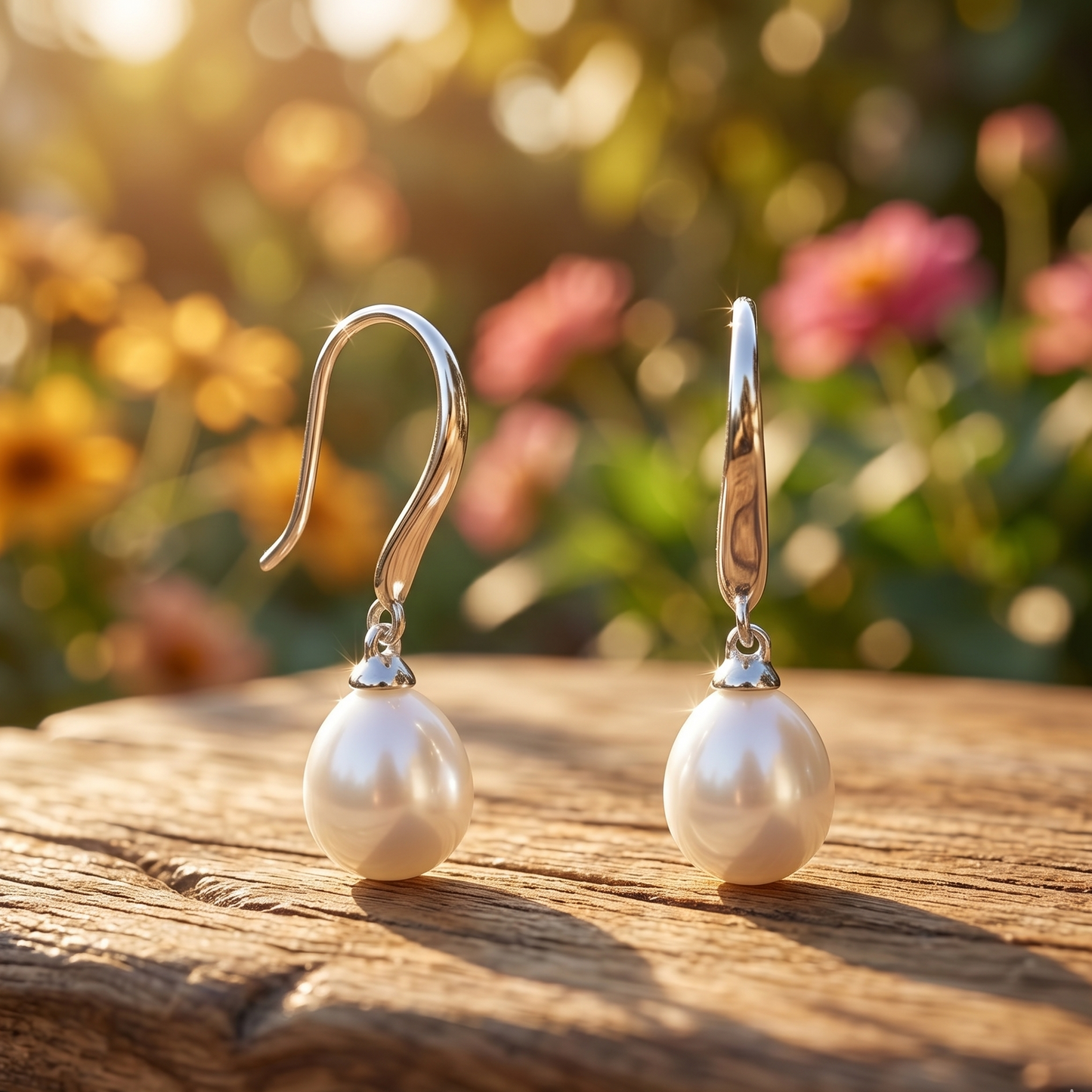 Pearl earrings on a wooden surface with a blurred floral background