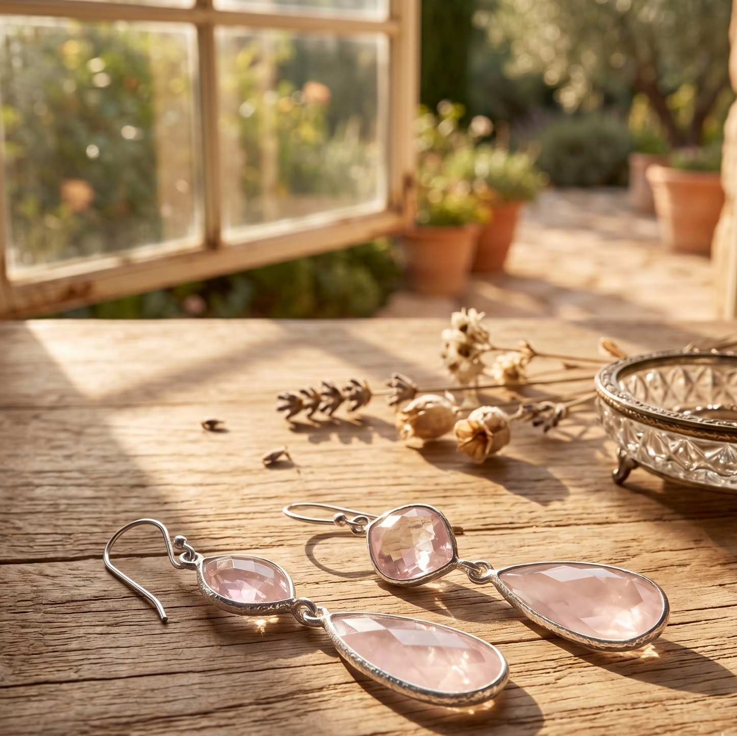 Pair of pink teardrop earrings on a wooden surface with a garden background