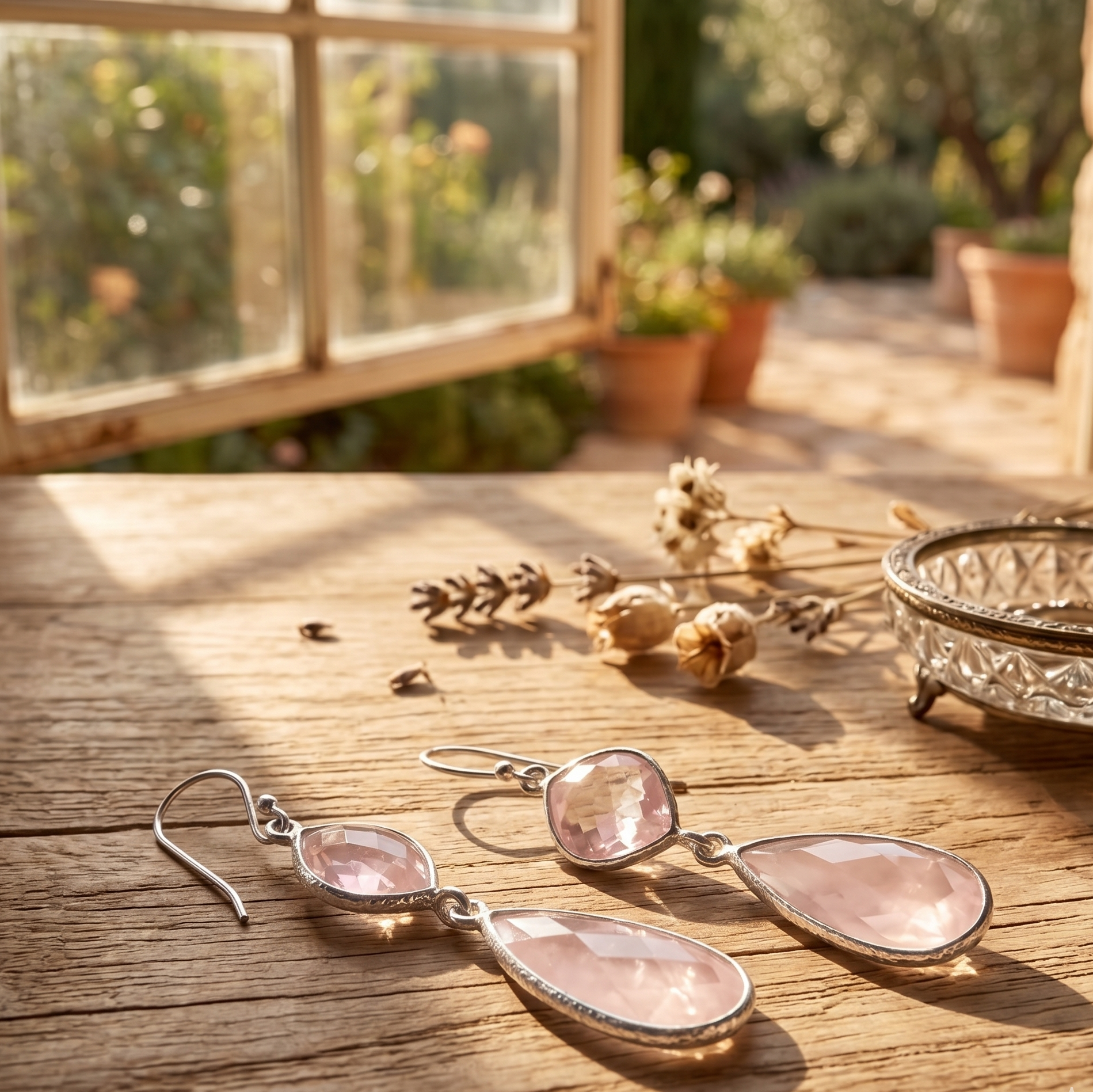 Pair of pink teardrop earrings on a wooden surface with a garden background