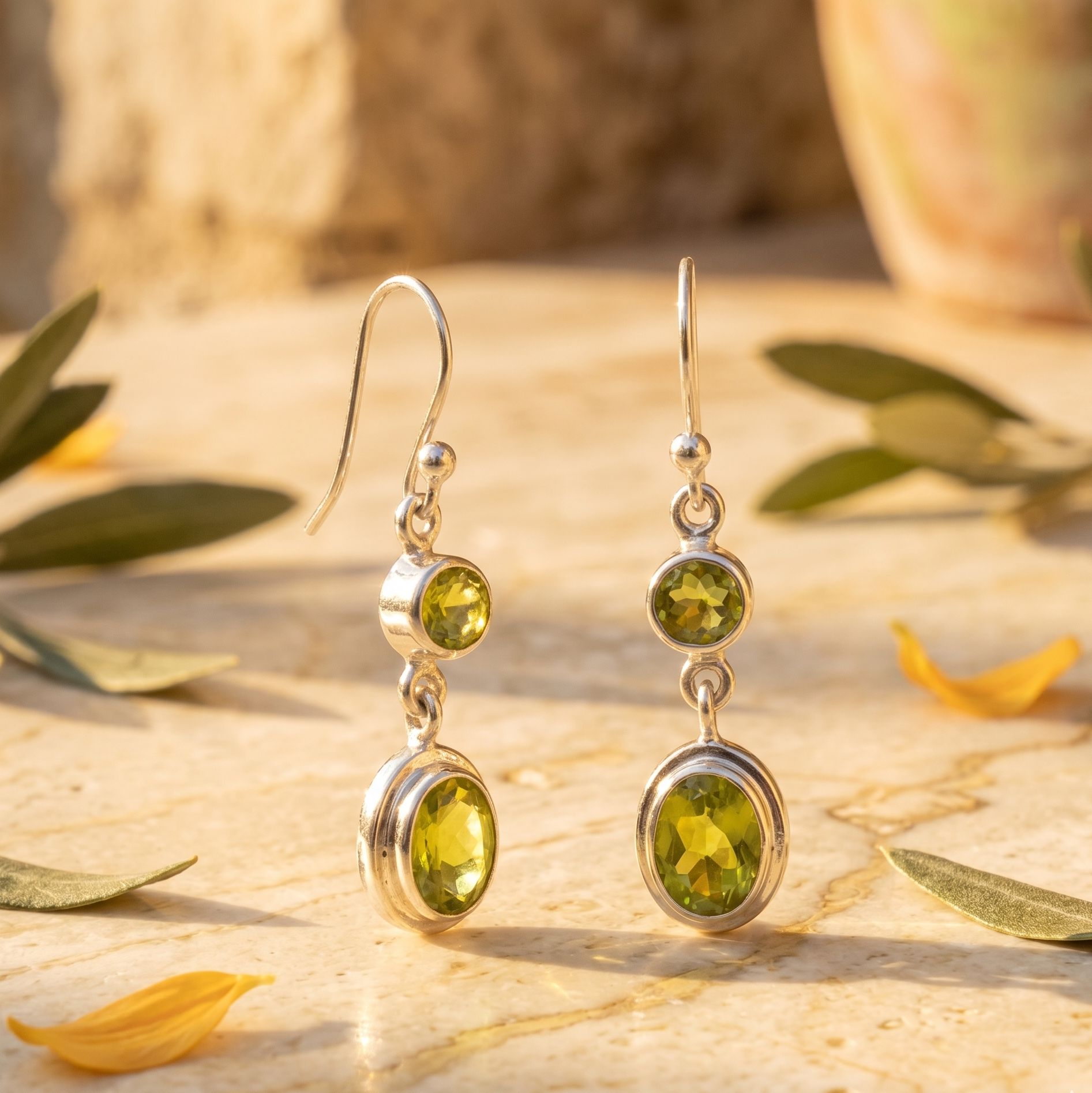 Silver earrings with green gemstones on a wooden surface with leaves