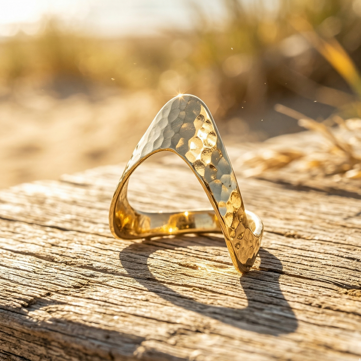 Hammered Chevron V Ring 14K Gold Plated 925 Silver Graduate Band Sizes 6-11