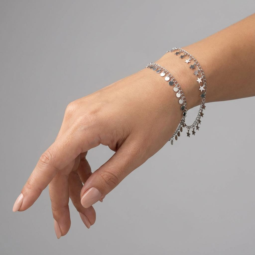 Celestial Dreams Bracelet Set - Moon & Stars Sterling Silver Dual Bracelets