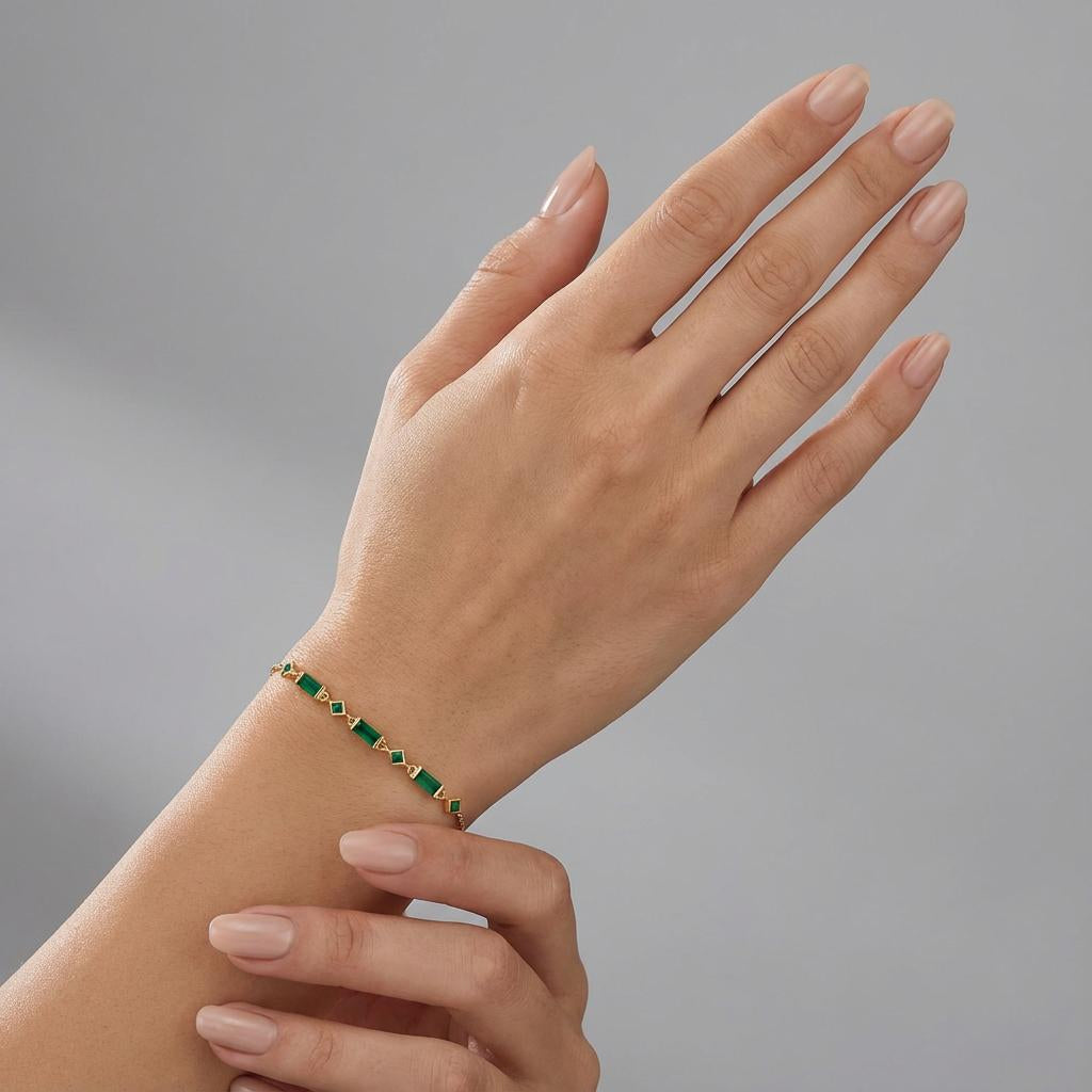 14 Karat Gold Plated Sterling Silver Bolo Bracelet, Emerald Green CZ Baguette, Adjustable to 11 Inches