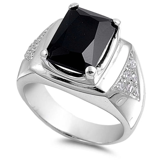 Sterling Silver Black Rectangle Mens CZ Ring