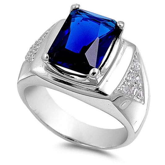 Male CZ Ring with Blue Sapphire and Sterling Silver Rectangle Shape