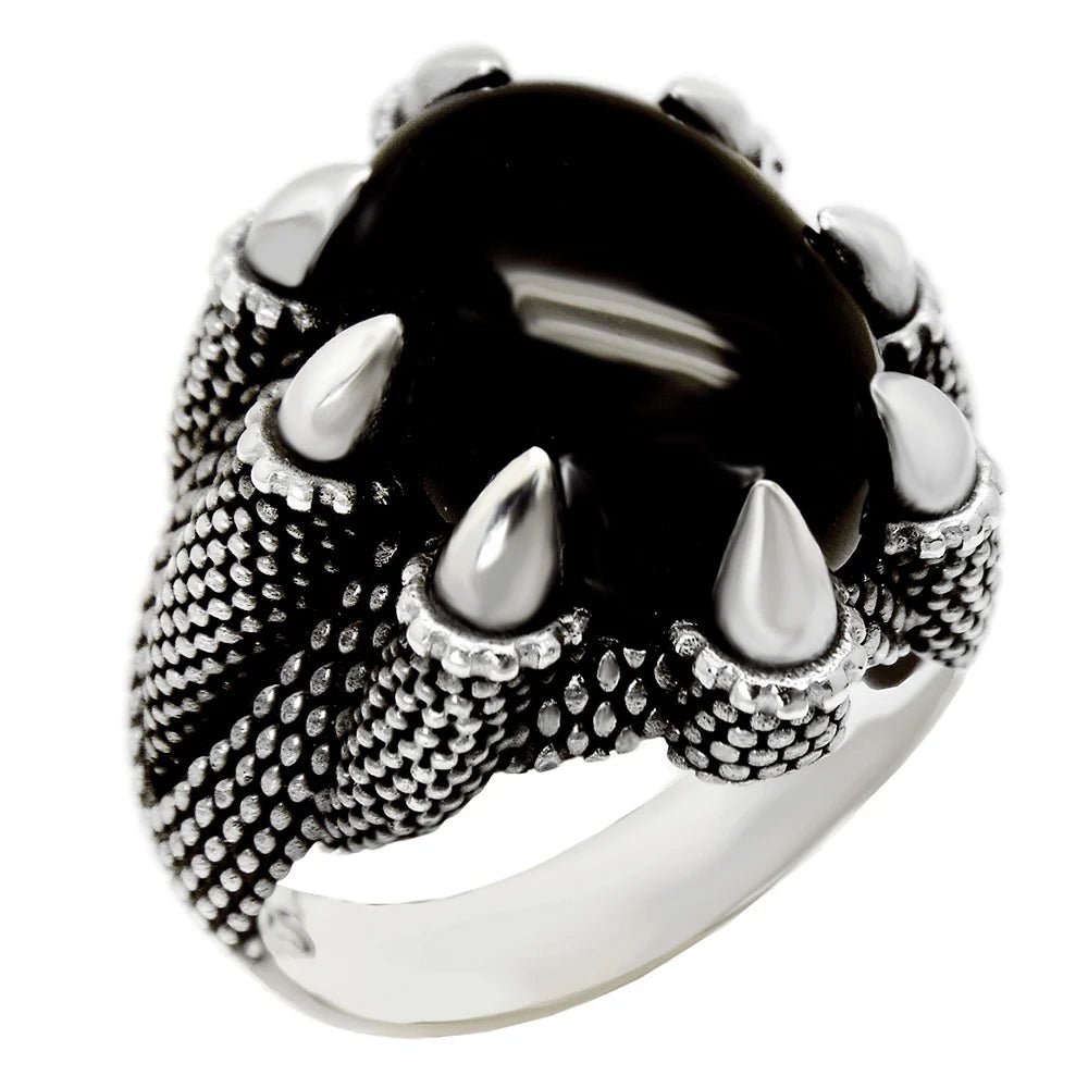 Black Onyx Cabochon Ring with Sterling Silver Oxidized Eagle Claw