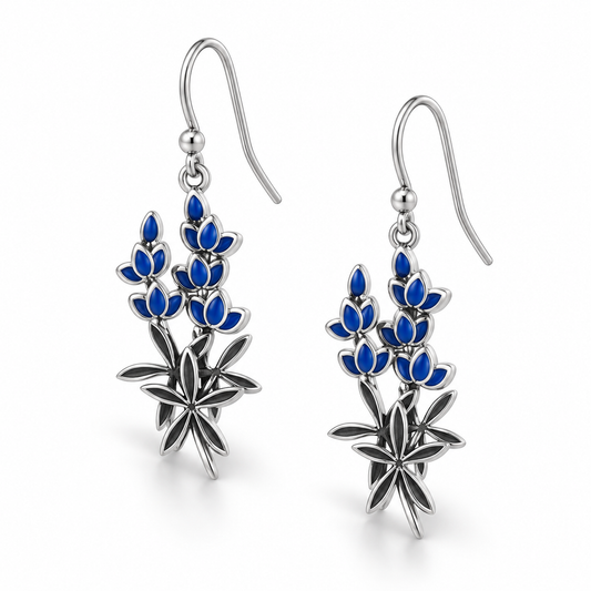 Enamel Bluebonnet French Wire Earrings 925 Sterling Silver 24.6mm