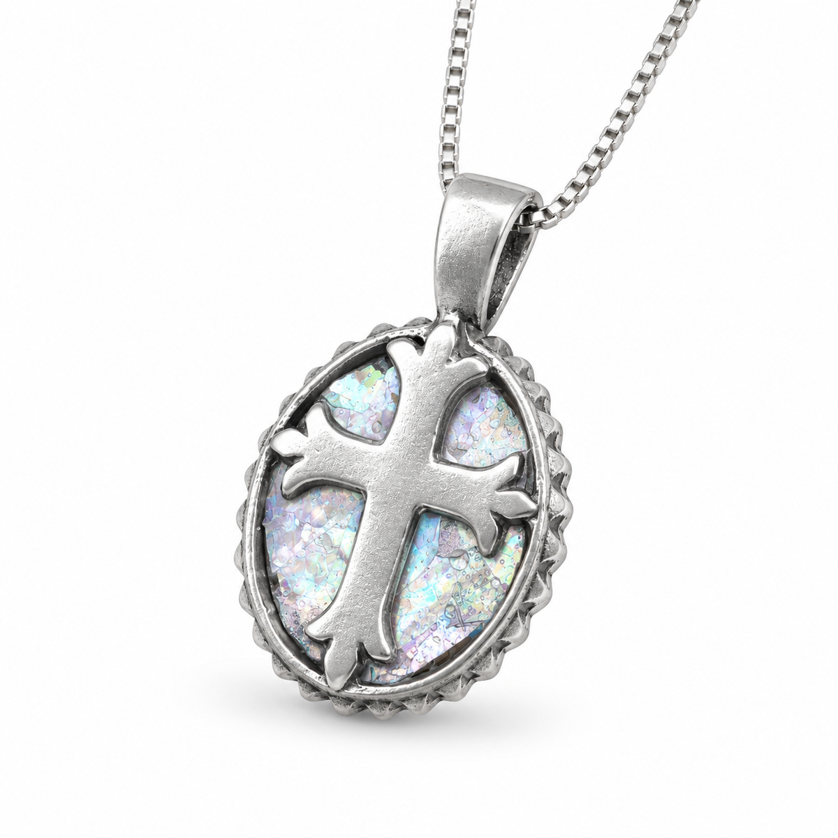 Roman Glass Cross Pendant Necklace 925 Silver Box Chain 14x16mm w/Certificate