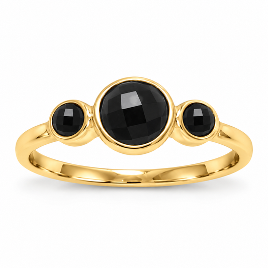 Triple Black Onyx Ring 14K Gold Plated 925 Silver 6mm 3mm Faceted 1.9mm Sizes 6-10
