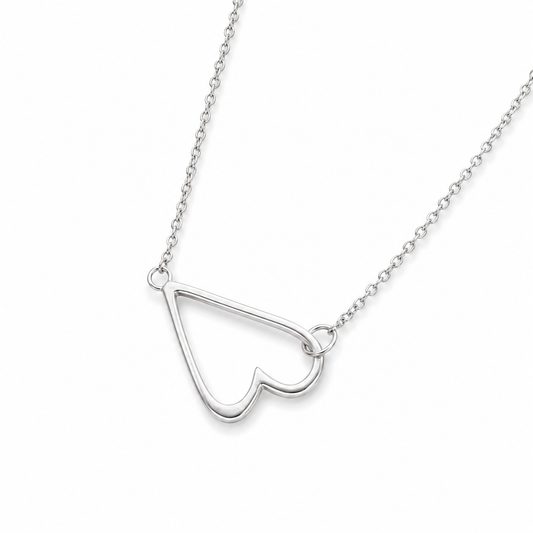 Sideways Heart Necklace Rhodium Plated 925 Silver 12x18mm Spring Ring 16+2in