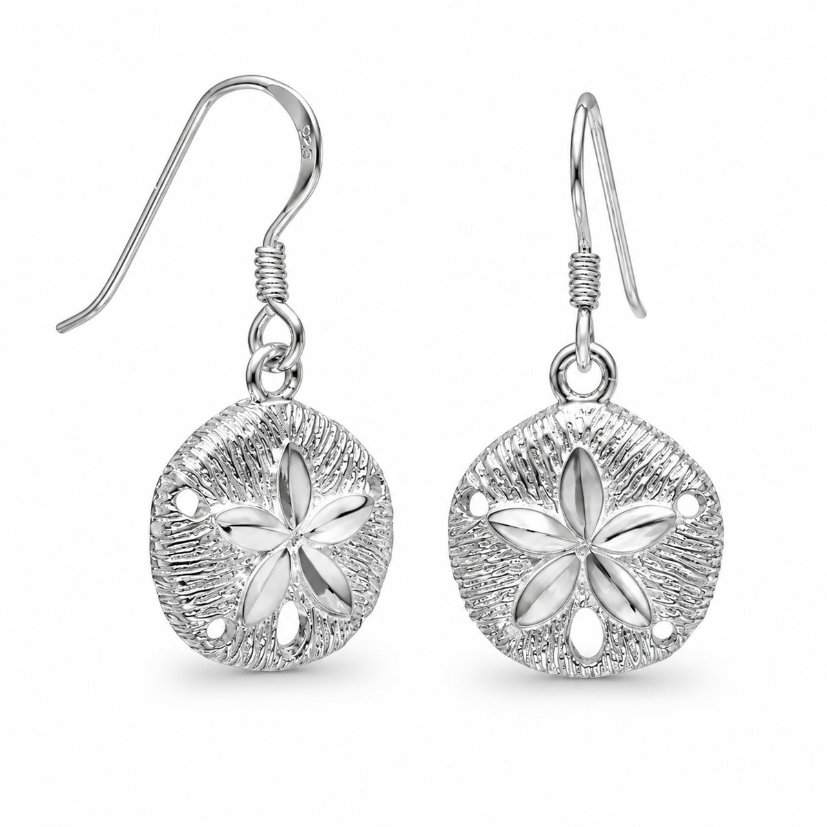 Diamond Cut Sand Dollar French Wire Earrings 925 Sterling Silver 18.5x15mm