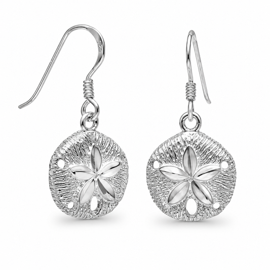 Diamond Cut Sand Dollar French Wire Earrings 925 Sterling Silver 18.5x15mm