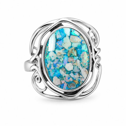 Roman Glass Cutout Swirl Ring Oxidized 925 Sterling Silver 17x13mm Sizes 7-10