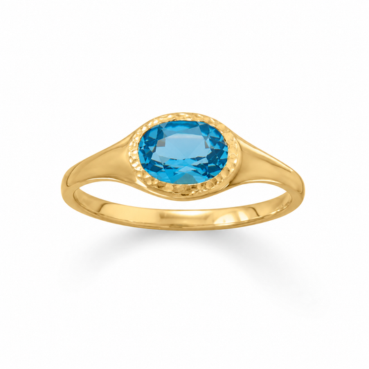 14K Gold Plated Oval Swiss Blue Topaz Ring 925 Silver 5x7mm Textured 1.5mm Sizes 5-9