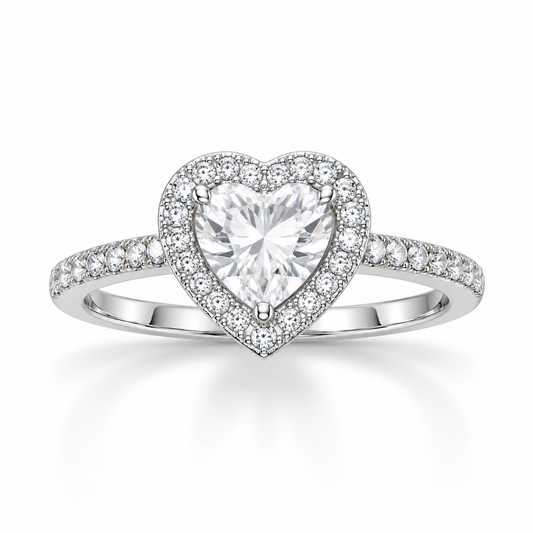 Rhodium Plated Prong Set 6mm Heart CZ Halo Ring 925 Silver 10x9.6mm 1.6mm Sizes 5-9