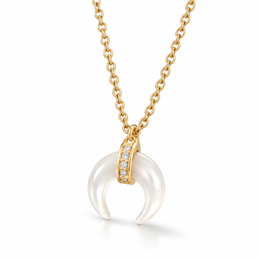 Mother of Pearl Crescent Necklace 14K Gold Plated 925 Silver CZ Bale 13.3x13mm