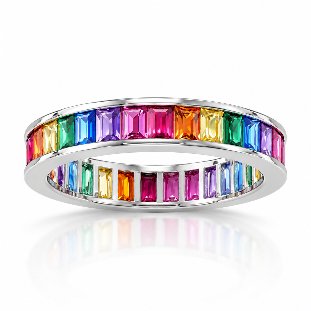 Rhodium Plated Rainbow CZ Eternity Ring 925 Silver 4mm Band 3x2mm Baguette Sizes 5-10
