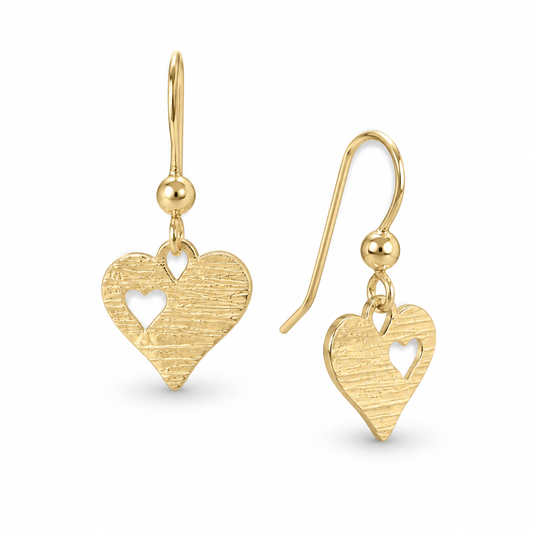 Laser Cut Heart French Wire Earrings 14K Gold Plated 925 Sterling Silver 23.5mm