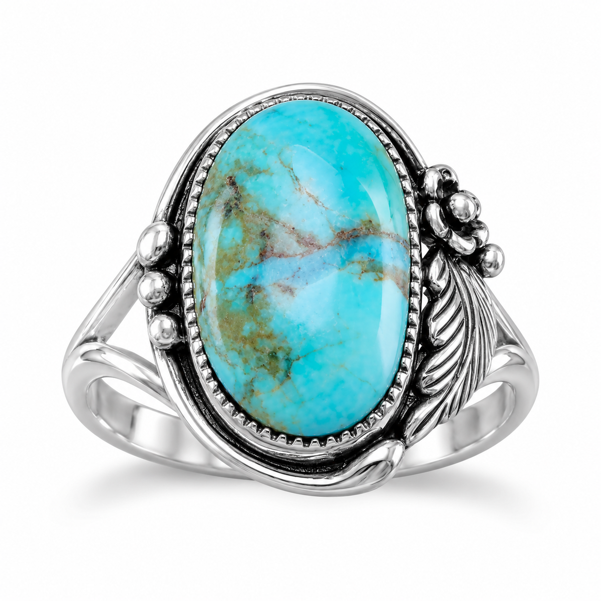 Southwest Floral Reconstituted Turquoise Ring 925 Silver 13x17mm 2.5mm Band