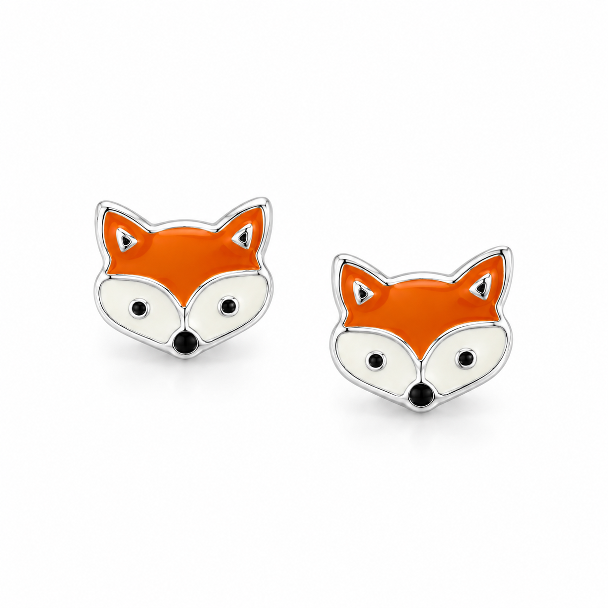 Enamel Fox Face Stud Earrings 925 Sterling Silver 6.5mm