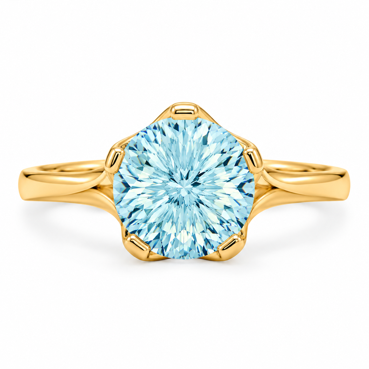 Precision Cut Sky Blue Topaz Ring 14K Gold 9mm Openwork Setting Sizes 6-8