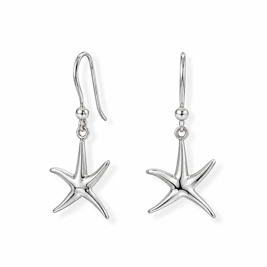 Starfish French Wire Drop Earrings Rhodium Plated 925 Sterling Silver 37mm