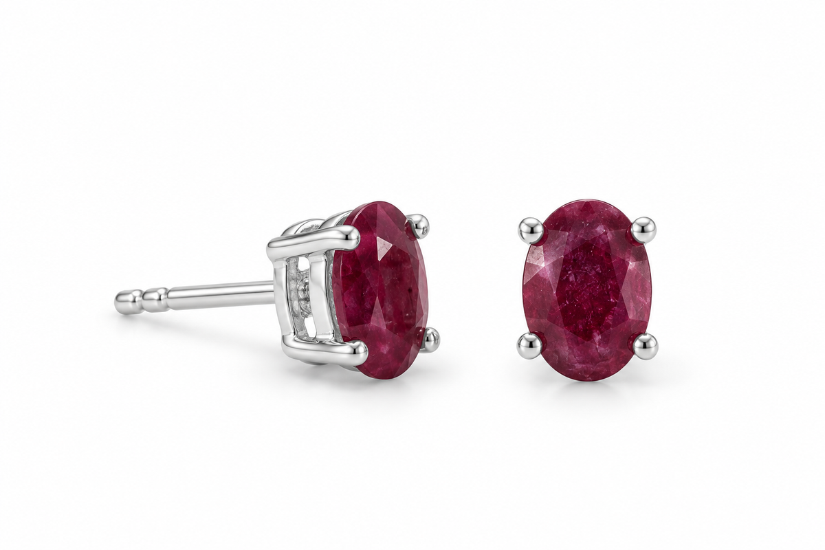 Red Corundum Oval Stud Earrings 925 Sterling Silver 4x6mm Faceted Four-Prong