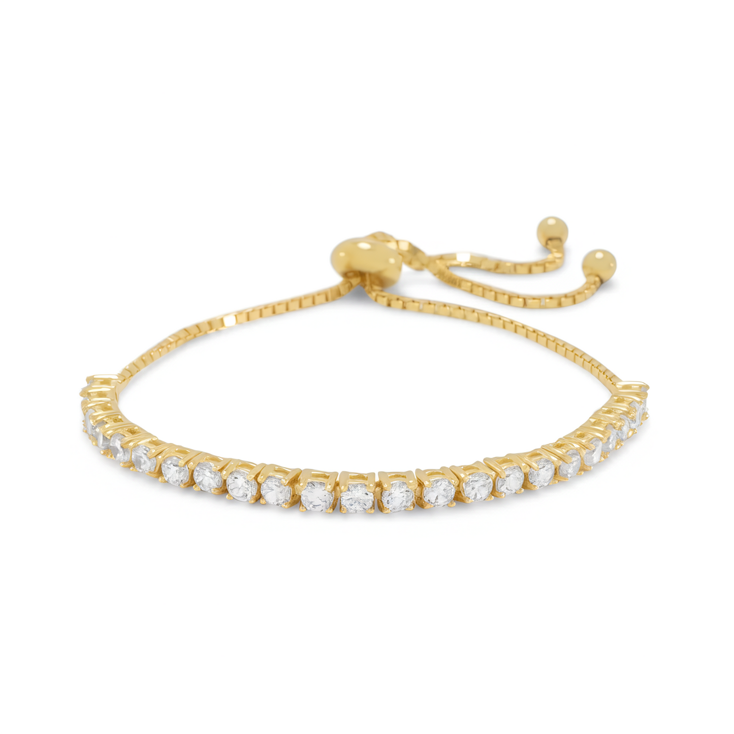 Adjustable 14K Gold Plated Sterling Silver CZ Bracelet, Box Chain Style, 9 Inch Length with Stopper Bead, 3mm Cubic Zirconia