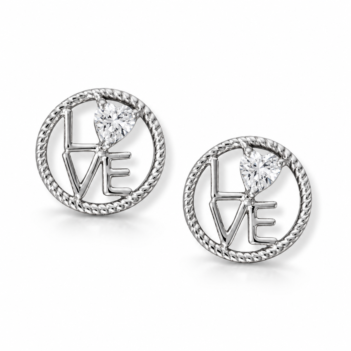 Round LOVE CZ Heart Stud Earrings Rhodium Plated 925 Sterling Silver 12.7mm