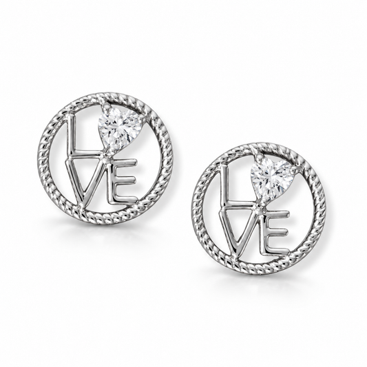 Round LOVE CZ Heart Stud Earrings Rhodium Plated 925 Sterling Silver 12.7mm