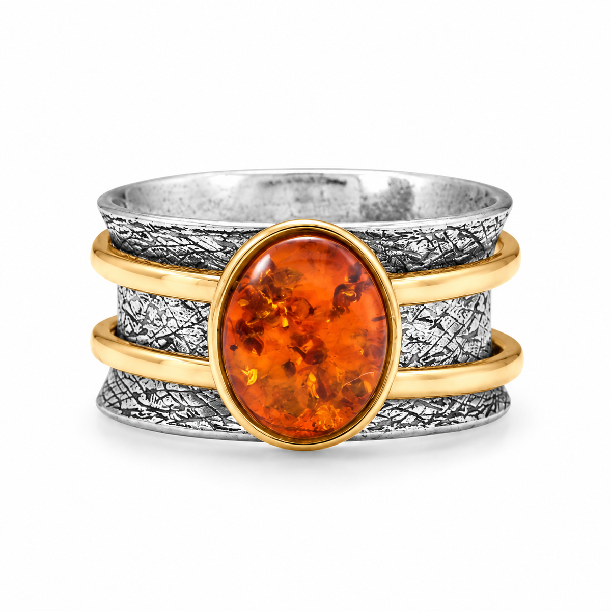 Baltic Amber Spinner Ring Oxidized 925 Silver 14K Gold Plated 11.3mm Poland Sizes 6-9