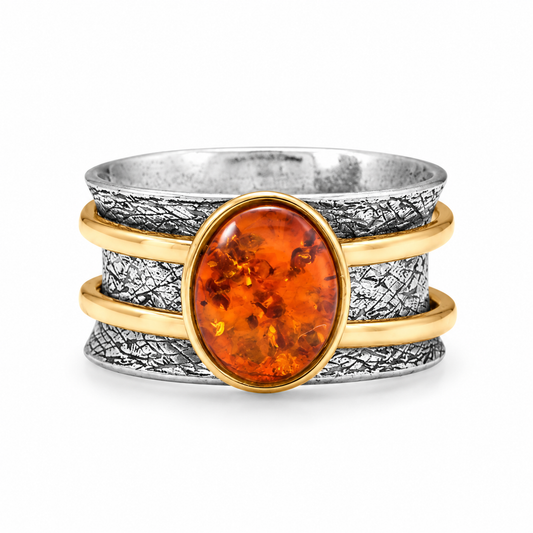 Baltic Amber Spinner Ring Oxidized 925 Silver 14K Gold Plated 11.3mm Poland Sizes 6-9