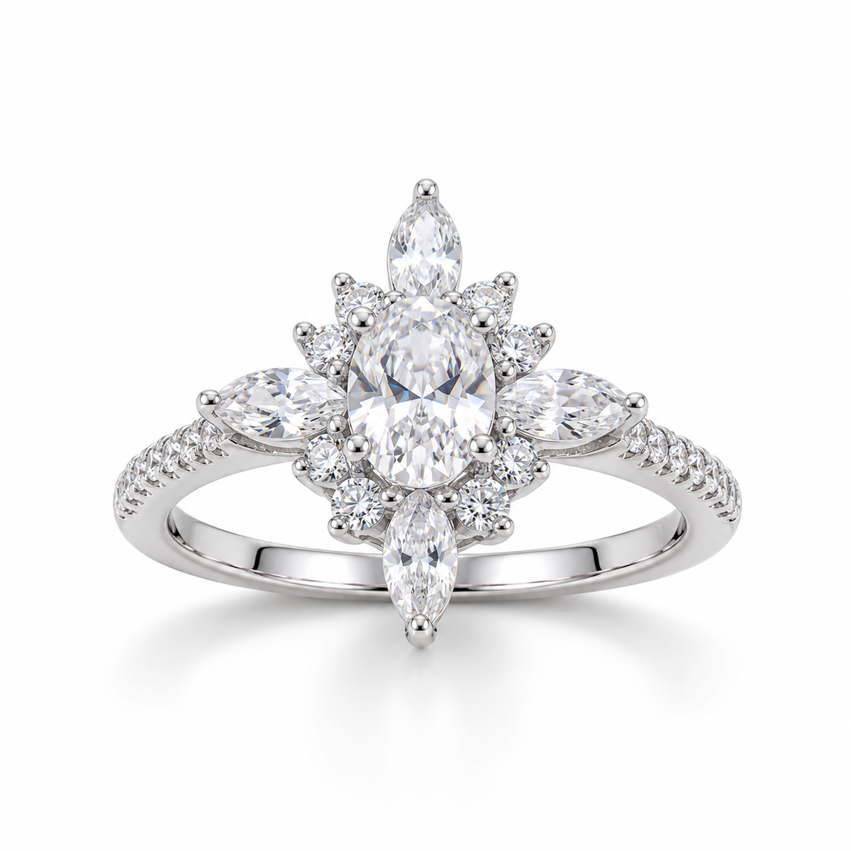 Rhodium Plated Diamond Shape 13 CZ Ring 925 Silver 16.5x15.5mm 1.5mm Band Sizes 5-9