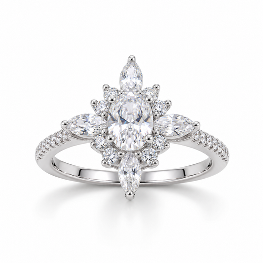 Rhodium Plated Diamond Shape 13 CZ Ring 925 Silver 16.5x15.5mm 1.5mm Band Sizes 5-9