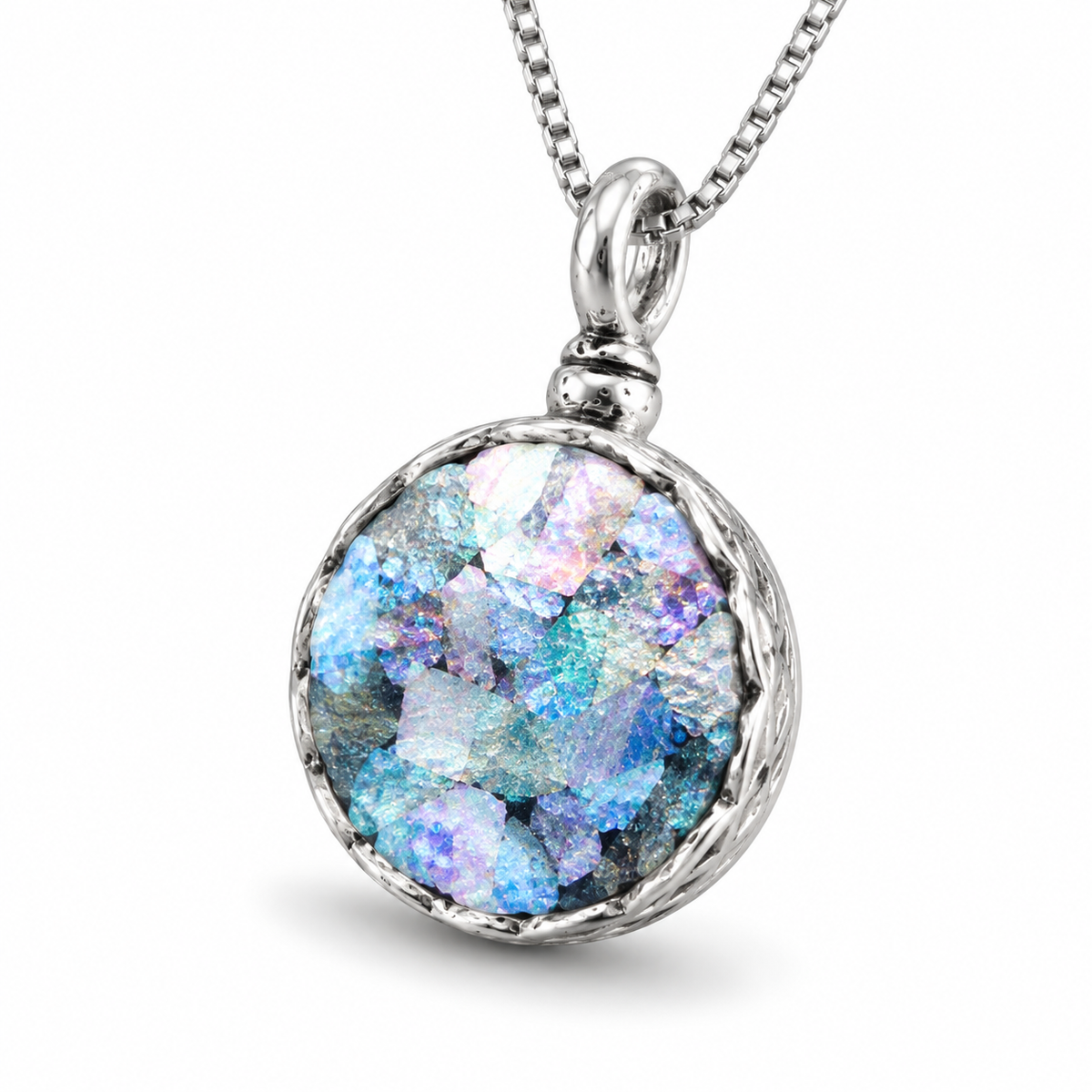 Roman Glass Round Necklace 925 Silver Oxidized Basket 15mm Box Chain w/Cert