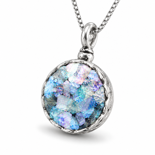 Roman Glass Round Necklace 925 Silver Oxidized Basket 15mm Box Chain w/Cert
