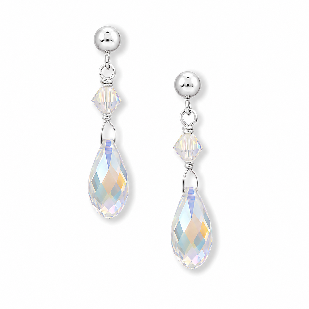 Swarovski AB Crystal Briolette Drop Ball Post Earrings 925 Sterling Silver 27mm